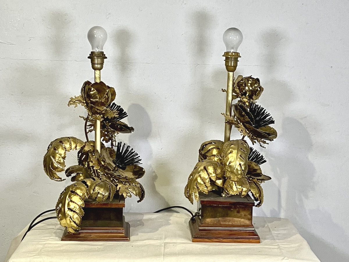 paire de lampes maison Jansen Fleurs et tournesols laiton doré années 70-photo-8