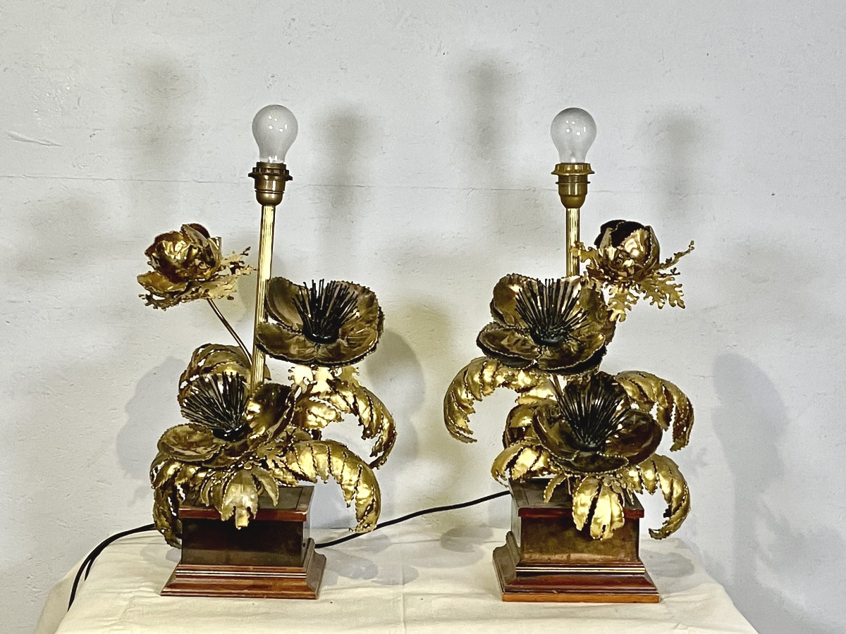 paire de lampes maison Jansen Fleurs et tournesols laiton doré années 70
