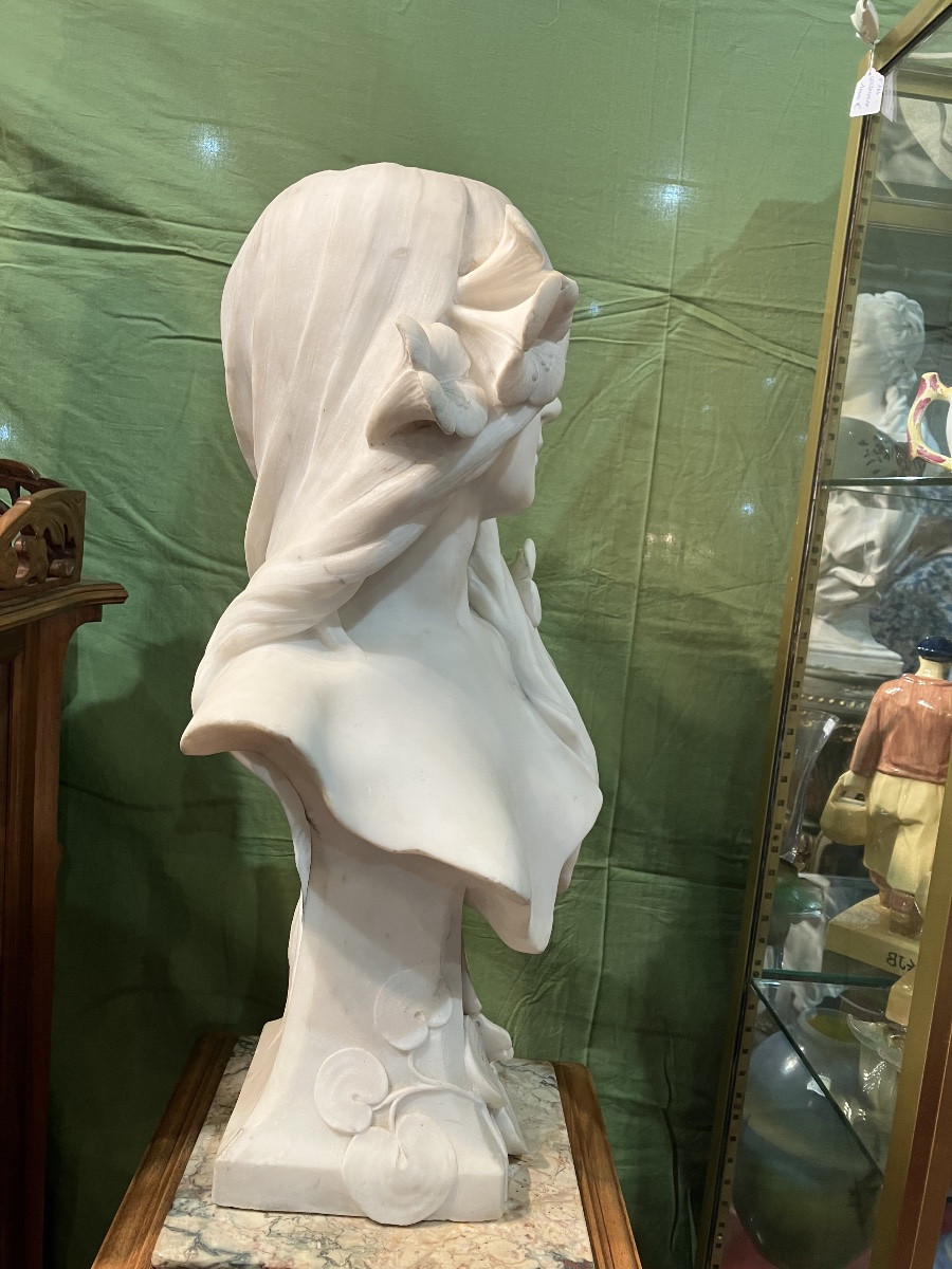 Georges Coudray, Art Nouveau Marble Bust Of A Young Girl With Water Lilies-photo-2