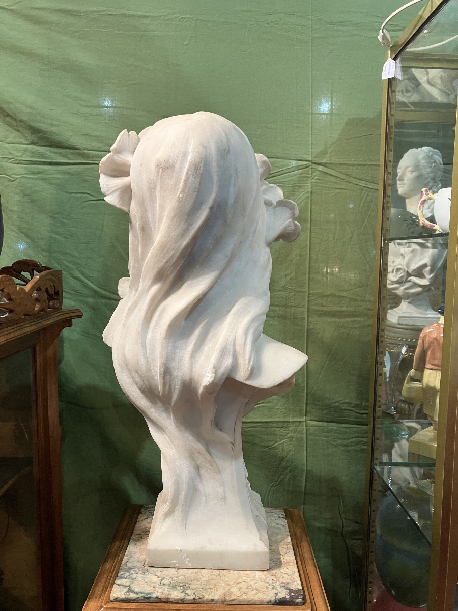 Georges Coudray, Art Nouveau Marble Bust Of A Young Girl With Water Lilies-photo-3