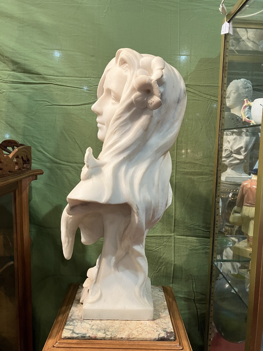 Georges Coudray, Art Nouveau Marble Bust Of A Young Girl With Water Lilies-photo-4