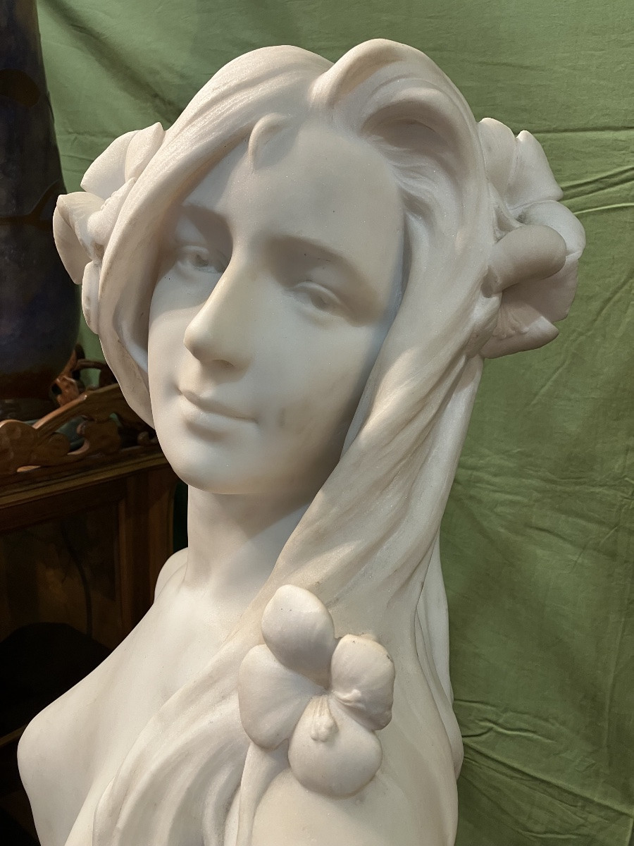 Georges Coudray, Art Nouveau Marble Bust Of A Young Girl With Water Lilies-photo-6