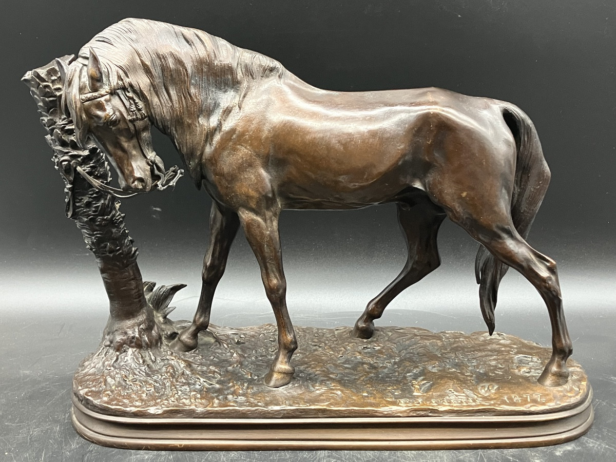 Pierre Jules Mène, Horse With Palm Tree, Height 28 Cm, Dated 1877, Bronze 