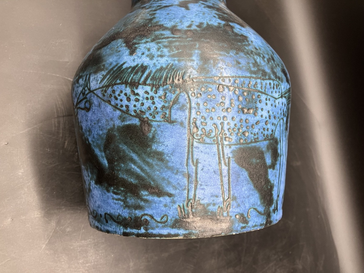 Jacques Blin Large Vase Decorated With Savannah Animals: Giraffe, Buffalo, Zebu, Incised Decoration, Blue Background-photo-2