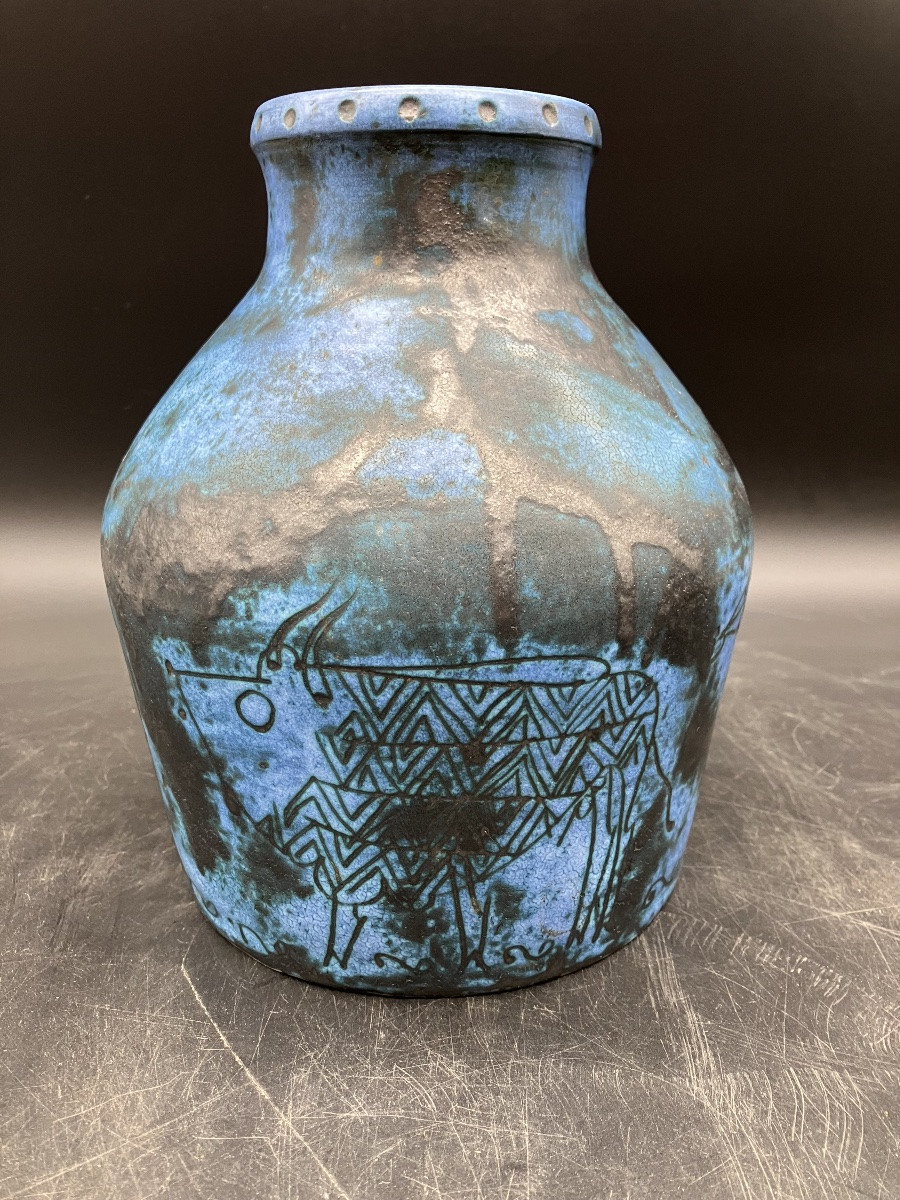 Jacques Blin Large Vase Decorated With Savannah Animals: Giraffe, Buffalo, Zebu, Incised Decoration, Blue Background-photo-4