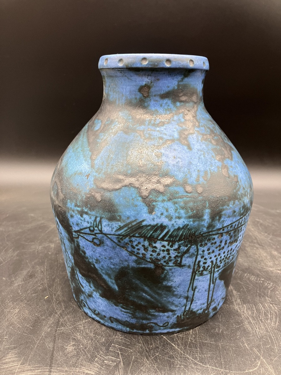 Jacques Blin Large Vase Decorated With Savannah Animals: Giraffe, Buffalo, Zebu, Incised Decoration, Blue Background-photo-7