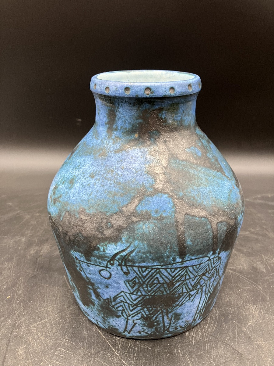 Jacques Blin Large Vase Decorated With Savannah Animals: Giraffe, Buffalo, Zebu, Incised Decoration, Blue Background-photo-8