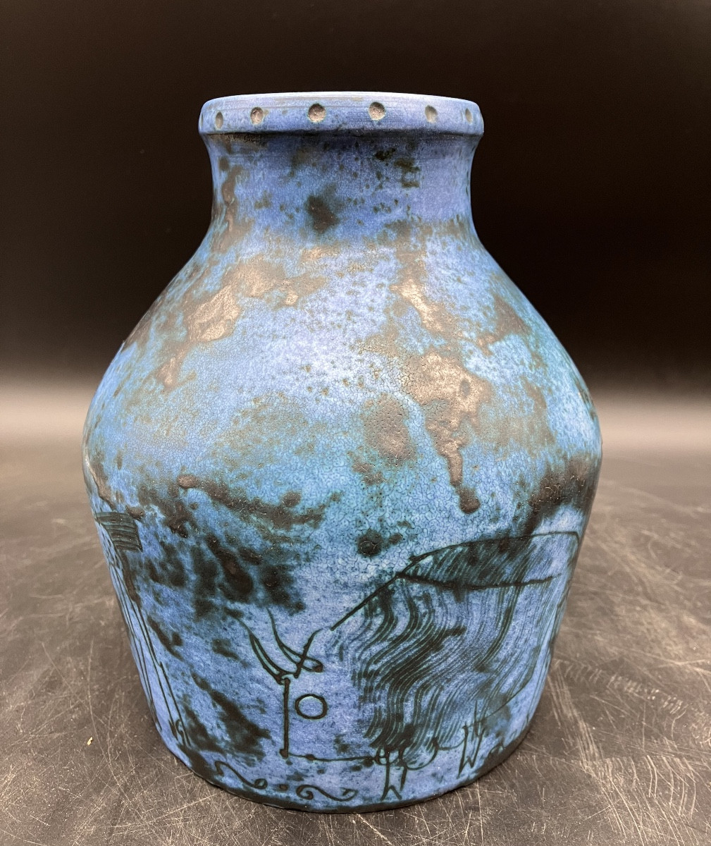 Jacques Blin Large Vase Decorated With Savannah Animals: Giraffe, Buffalo, Zebu, Incised Decoration, Blue Background