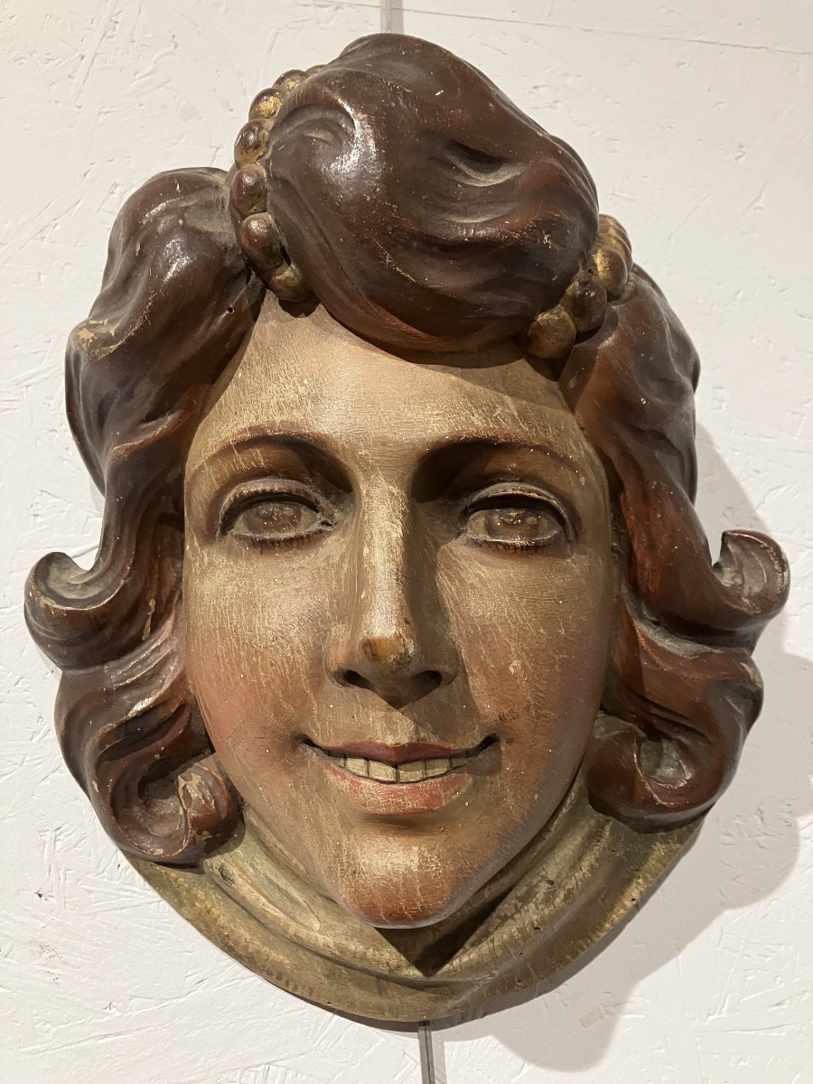 Tête de limonaire en bois polychrome Ornement art forain 