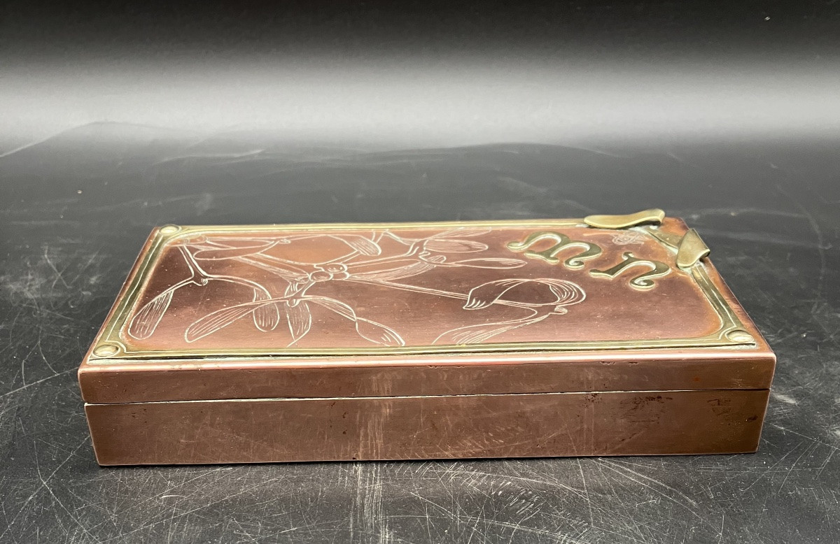 Boite Gui art nouveau en cuivre à deux patine pour bijoux ,  cartes , ou autre-photo-5