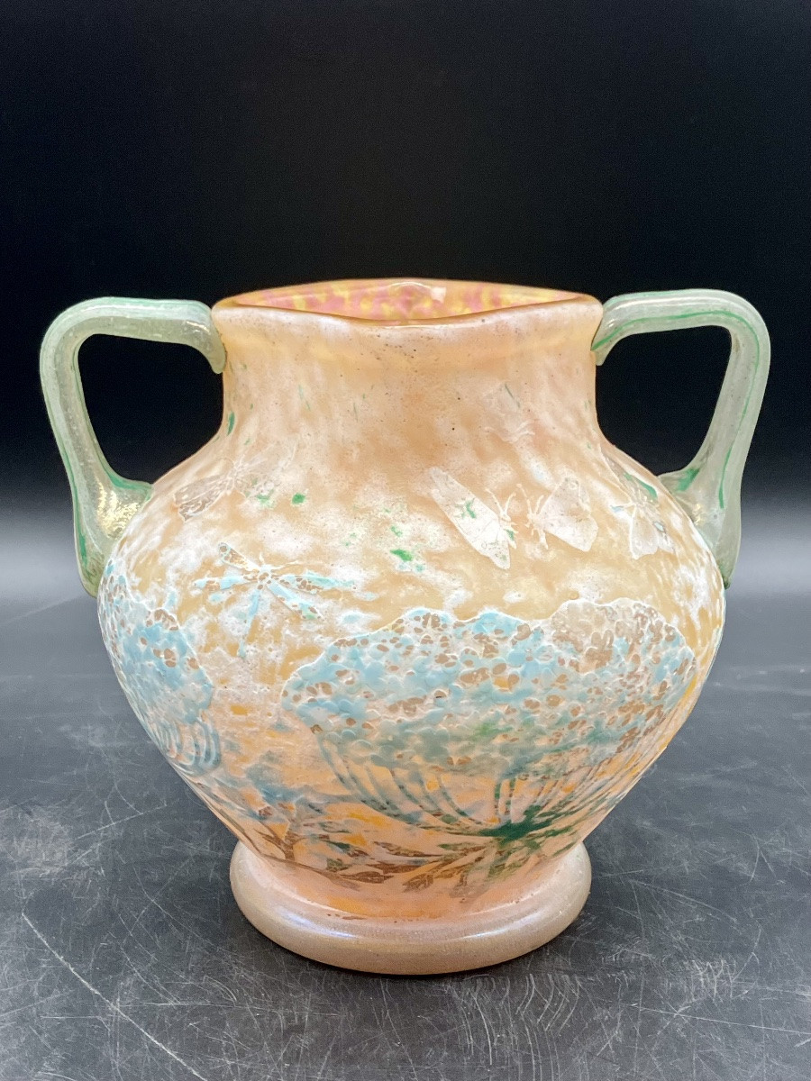 Daum Nancy Vase With Umbellifers, Dragonflies And Butterflies, Art Nouveau Style, With Powdered Handles-photo-1