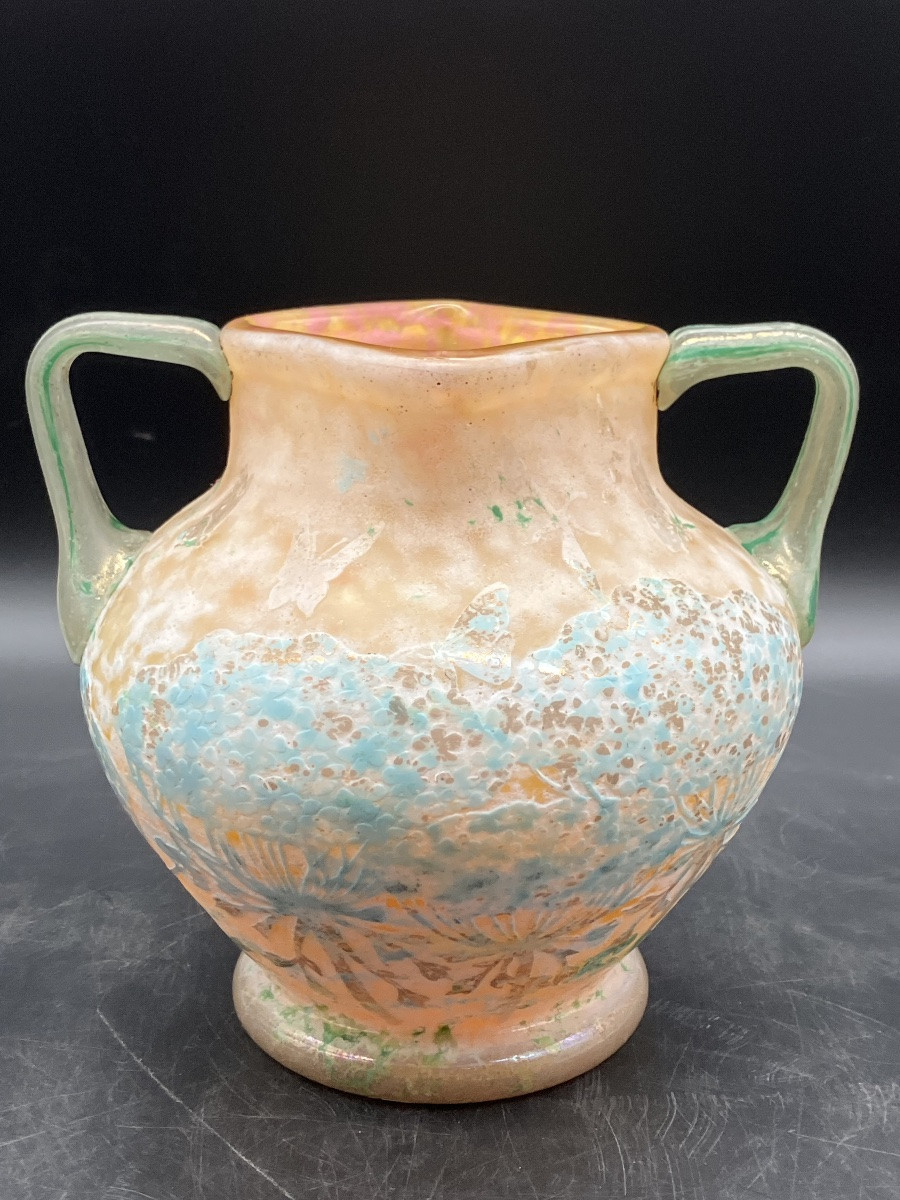 Daum Nancy Vase With Umbellifers, Dragonflies And Butterflies, Art Nouveau Style, With Powdered Handles-photo-3