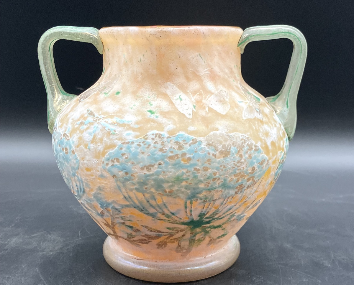 Daum Nancy Vase With Umbellifers, Dragonflies And Butterflies, Art Nouveau Style, With Powdered Handles
