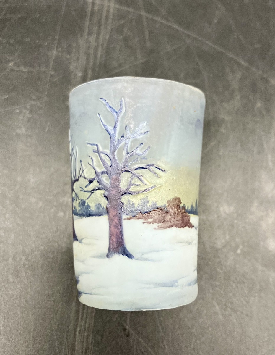 Daum Nancy Vase miniature art nouveau paysage de neige en hiver arbres enneigés-photo-2