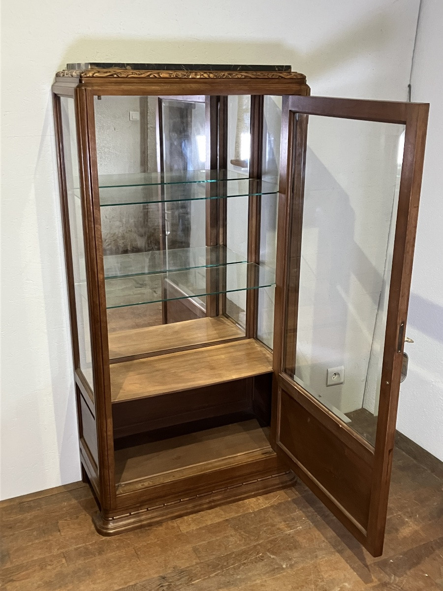 Art Deco Walnut Display Cabinet, Glazed On All Sides, Marble Top-photo-2