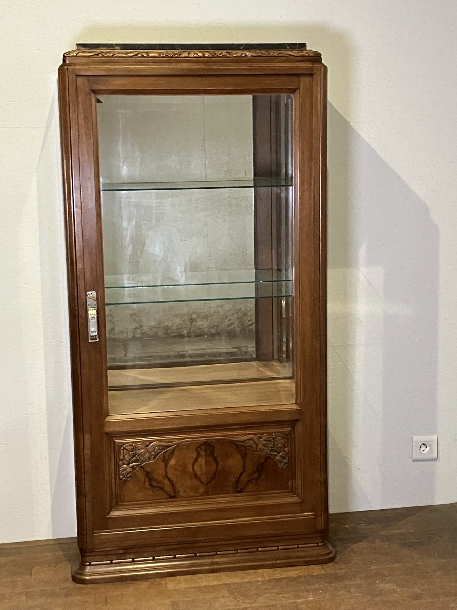Art Deco Walnut Display Cabinet, Glazed On All Sides, Marble Top-photo-4