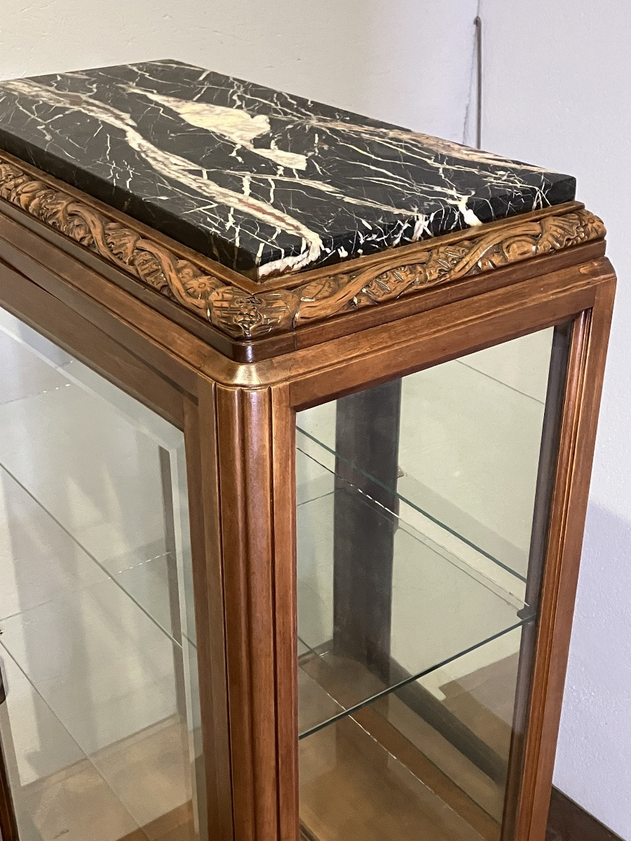 Art Deco Walnut Display Cabinet, Glazed On All Sides, Marble Top-photo-2