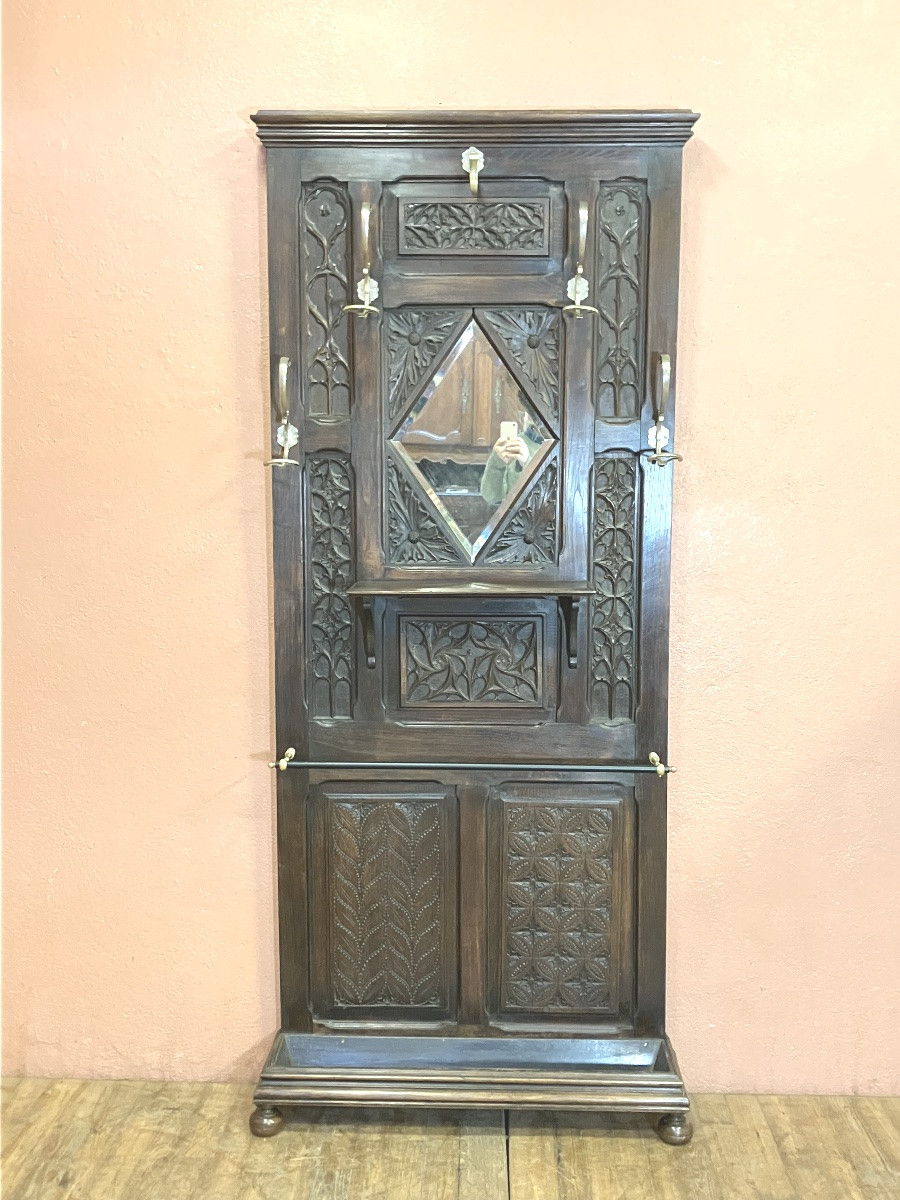 Gothic Style Oak Coat Rack, 19th Century-photo-2