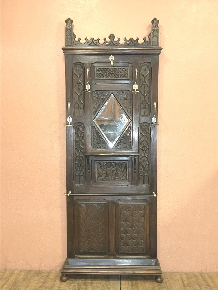 Gothic Style Oak Coat Rack, 19th Century