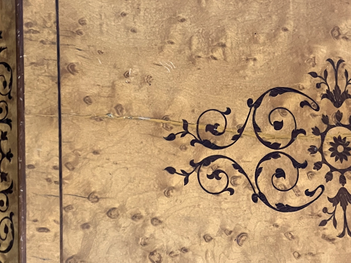 Travailleuse Charles X en bois clair Erable moucheté et incrustations d'Amarante-photo-8