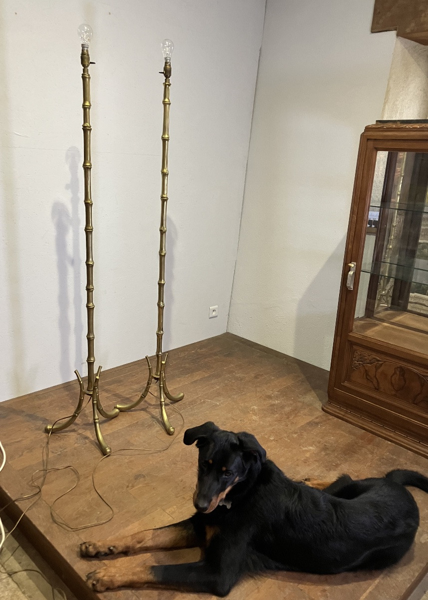 Maison Baguès Pair Of Bamboo Floor Lamps In Gilded Bronze-photo-2