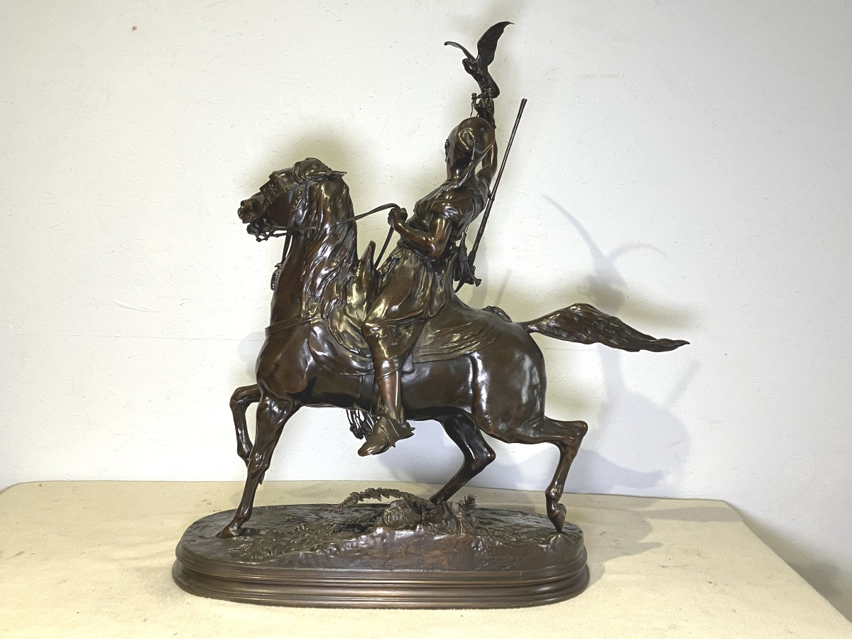 Pierre Jules Mène, Arab Falconer, 77 Cm, Bronze, Orientalist Horseman-photo-3