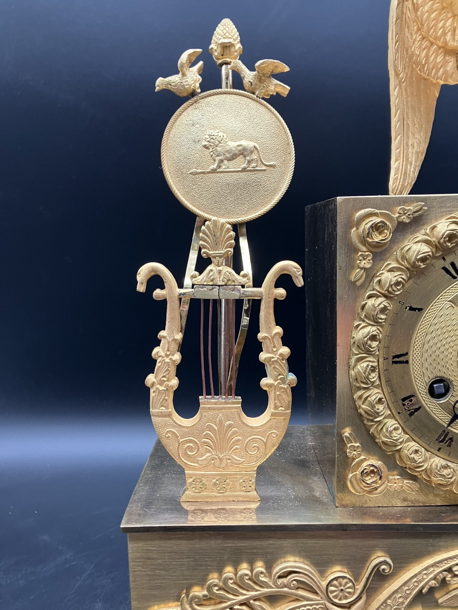 19th Century Empire Gilt Bronze Clock, Allegory Of Love And Peace-photo-4