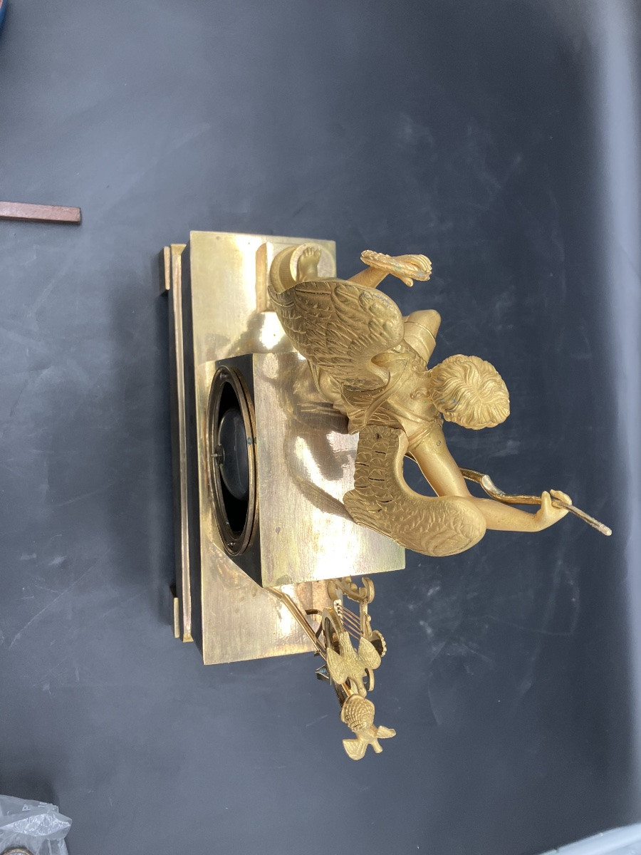 19th Century Empire Gilt Bronze Clock, Allegory Of Love And Peace-photo-3