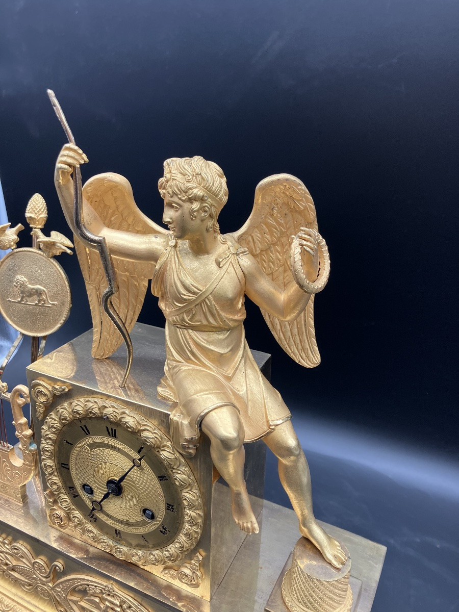 19th Century Empire Gilt Bronze Clock, Allegory Of Love And Peace-photo-7