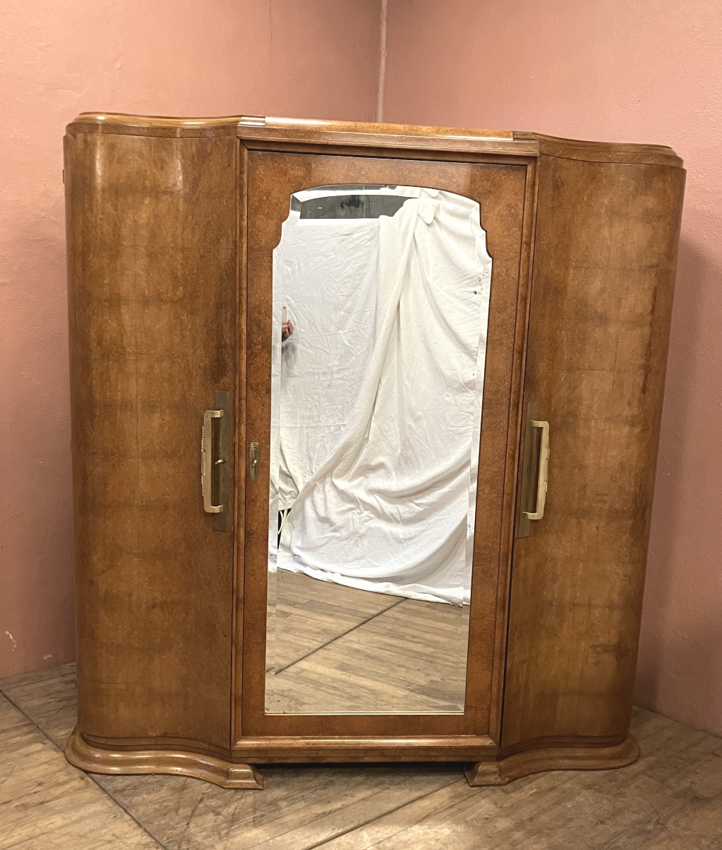 Armoire art déco en loupe d’Amboine 3 portes avec miroir central -photo-6