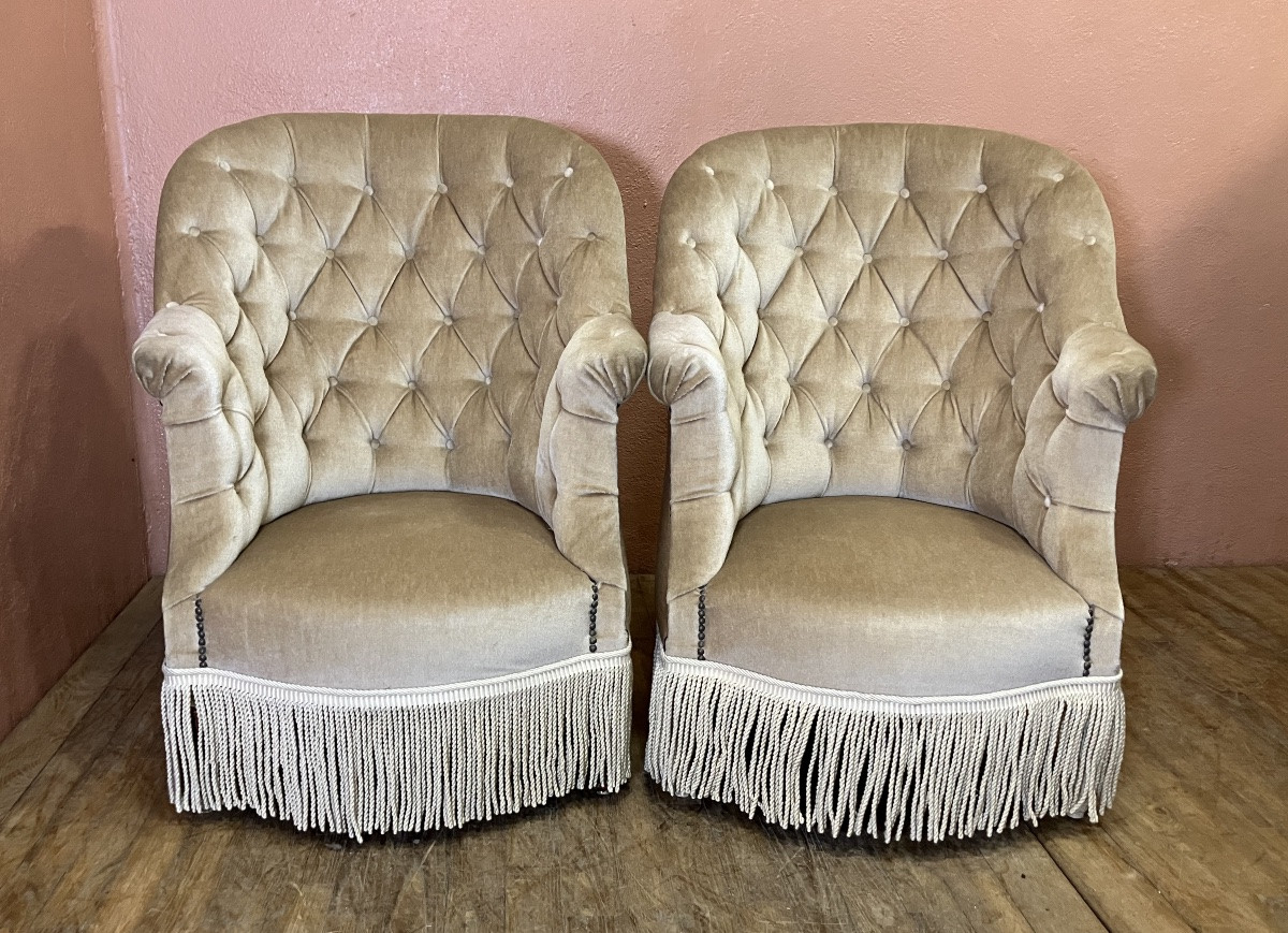 Paire de fauteuils crapaud bergères capitonnées Velours haut dossier Pieds Louis 16 Napoléon 3-photo-3