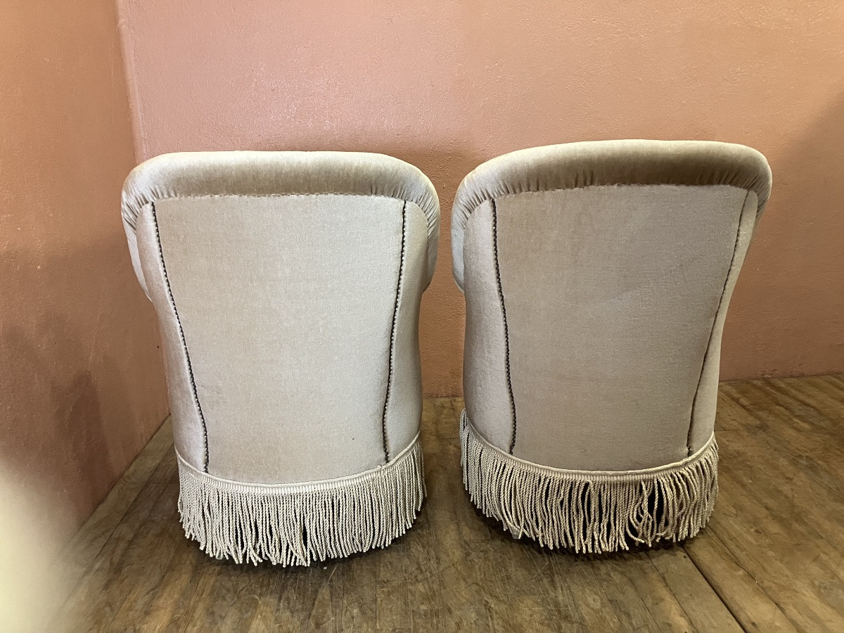 Paire de fauteuils crapaud bergères capitonnées Velours haut dossier Pieds Louis 16 Napoléon 3-photo-4