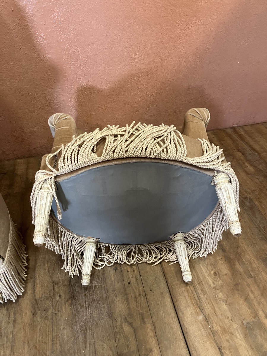 Paire de fauteuils crapaud bergères capitonnées Velours haut dossier Pieds Louis 16 Napoléon 3-photo-1