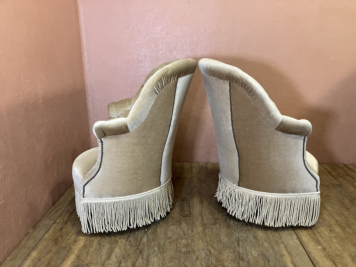 Paire de fauteuils crapaud bergères capitonnées Velours haut dossier Pieds Louis 16 Napoléon 3-photo-3