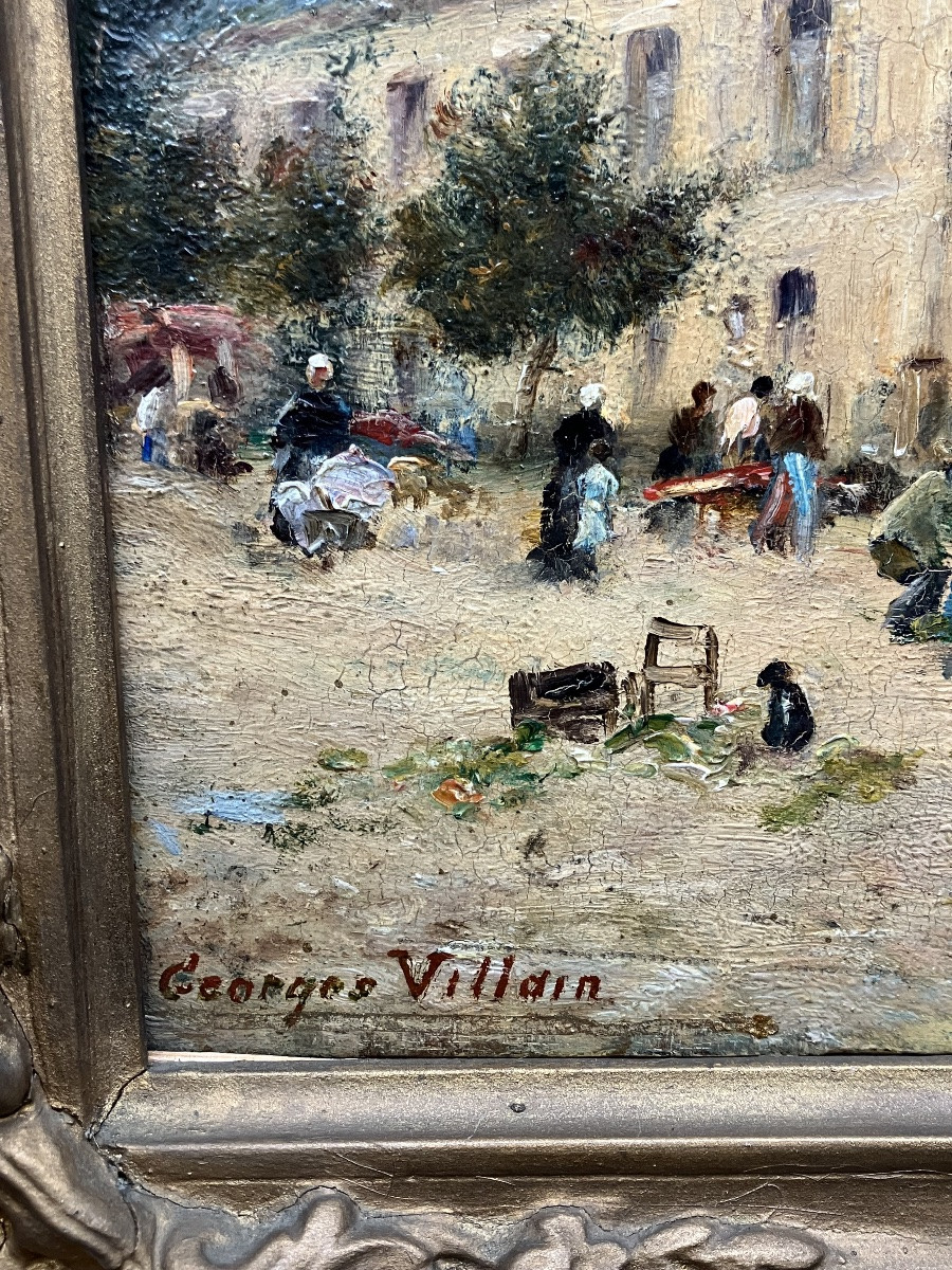 Georges Villain scène de village autour du calvaire tableau Huile sur panneau -photo-3