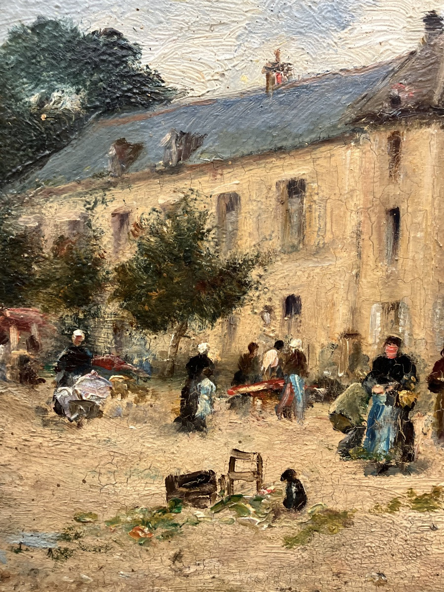 Georges Villain scène de village autour du calvaire tableau Huile sur panneau -photo-1