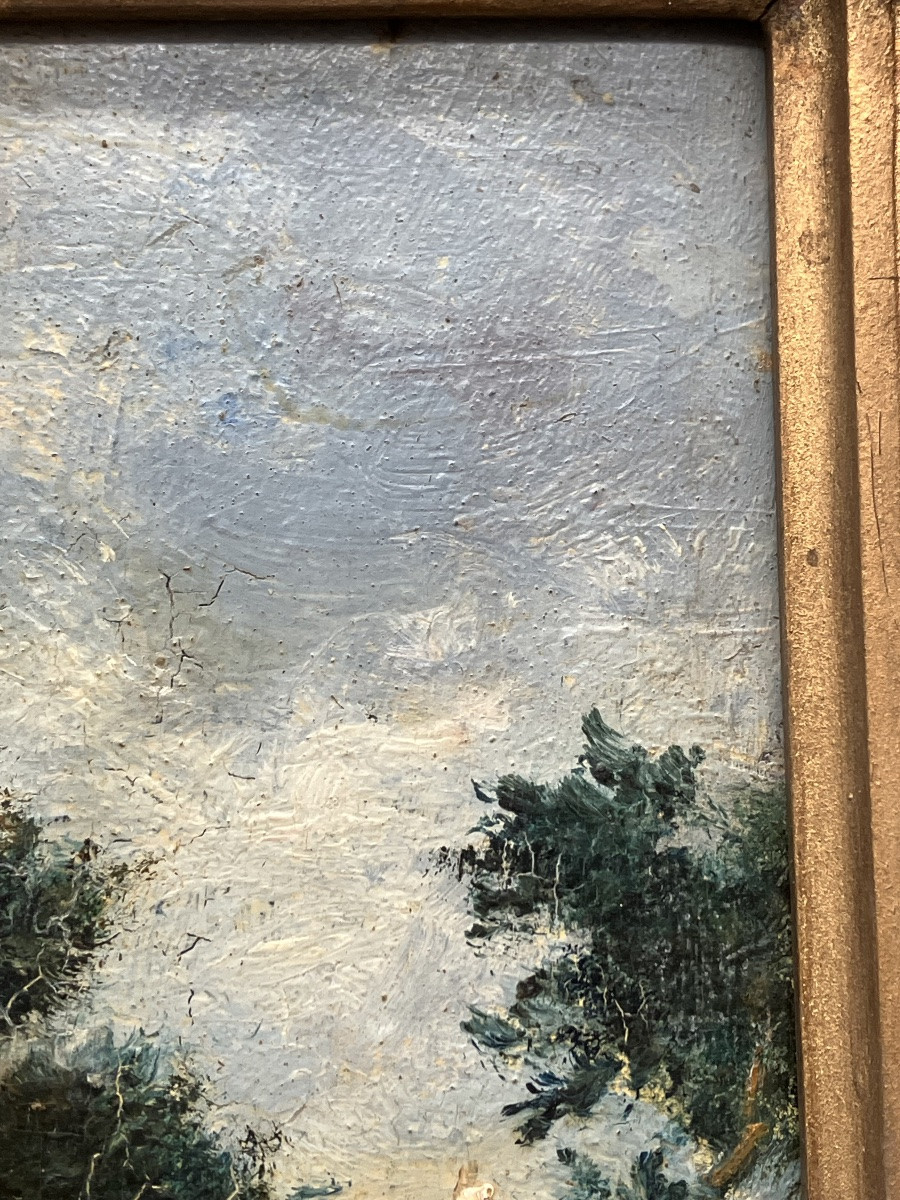 Georges Villain scène de village autour du calvaire tableau Huile sur panneau -photo-4