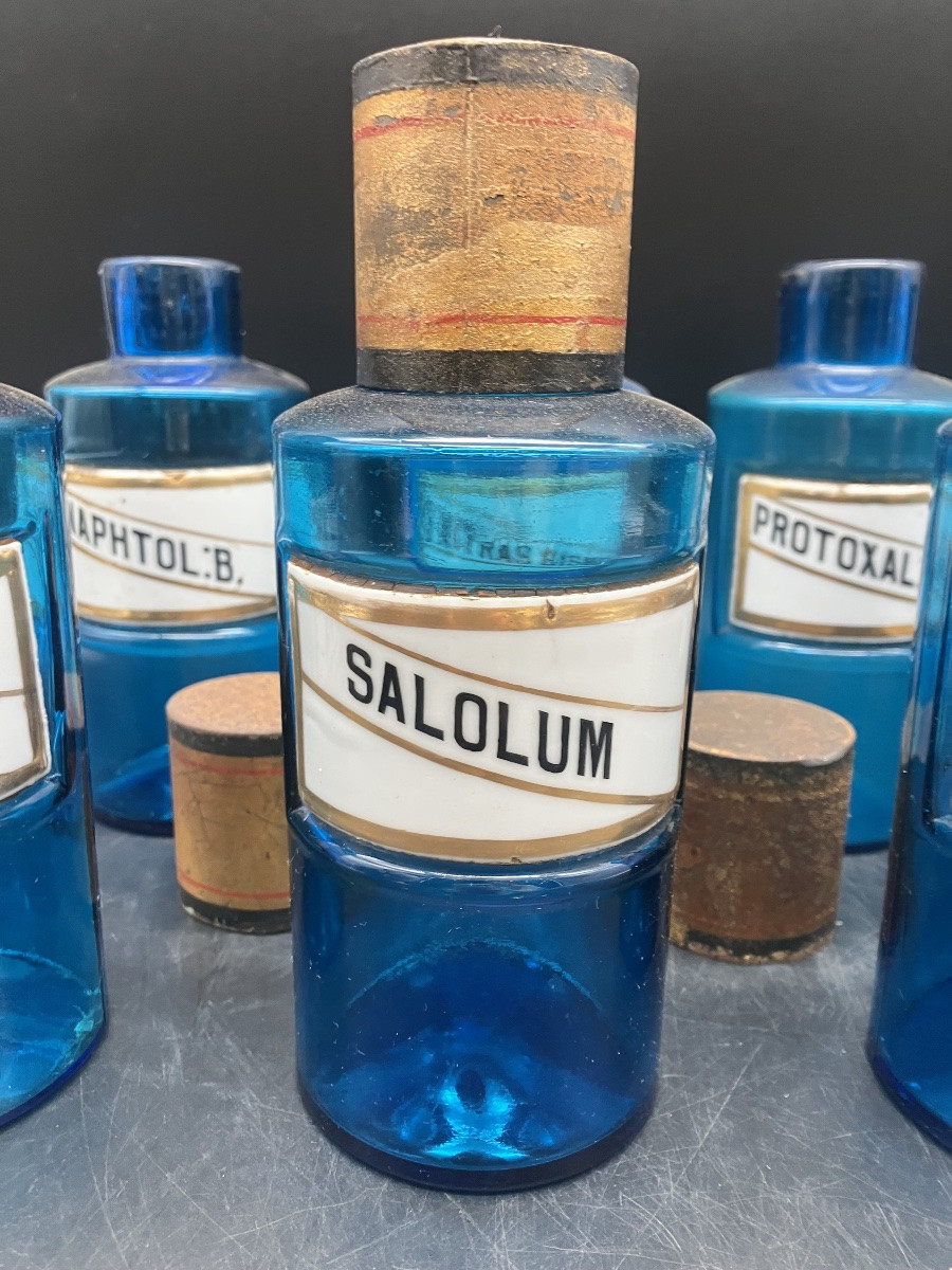 Set Of 10 Antique Tissier Blue Glass Apothecary Jars With Porcelain Labels-photo-3