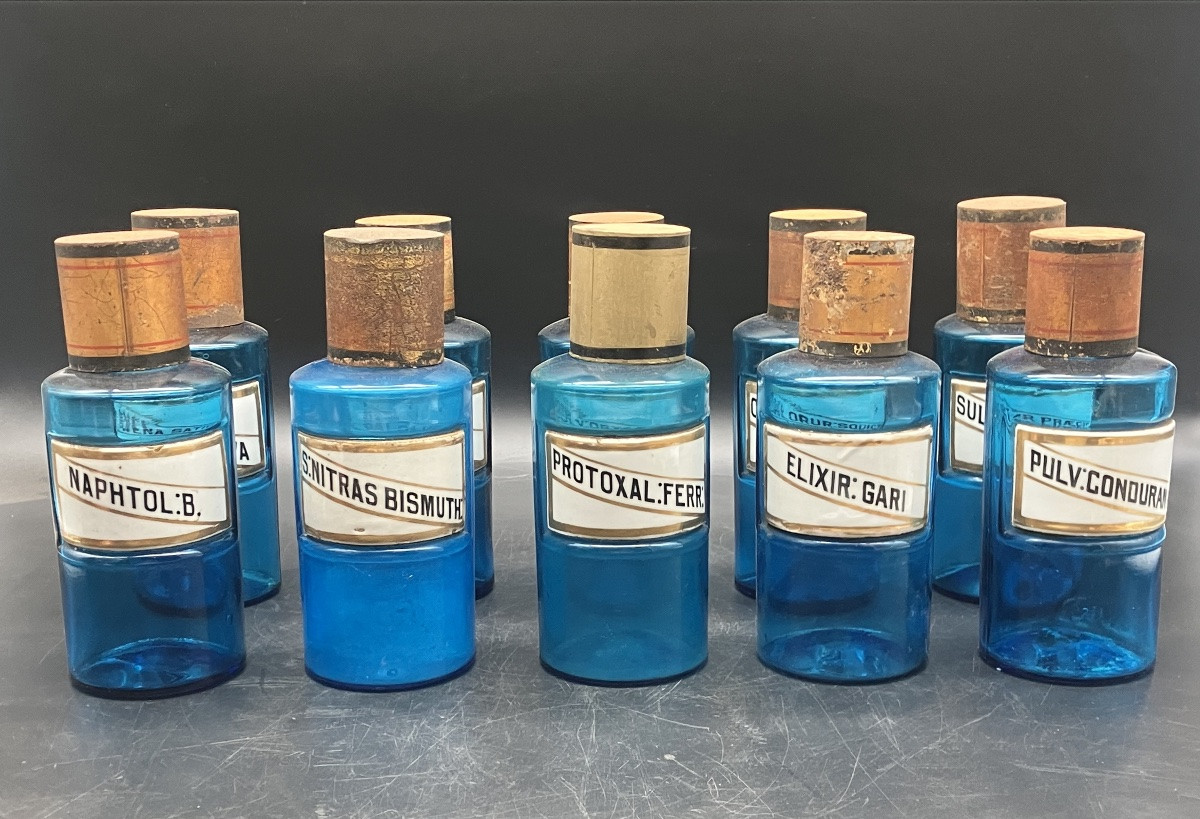 Set Of 10 Antique Tissier Blue Glass Apothecary Jars With Porcelain Labels-photo-1