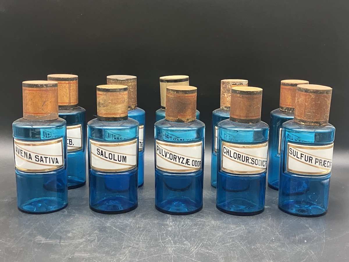 Set Of 10 Antique Tissier Blue Glass Apothecary Jars With Porcelain Labels-photo-2