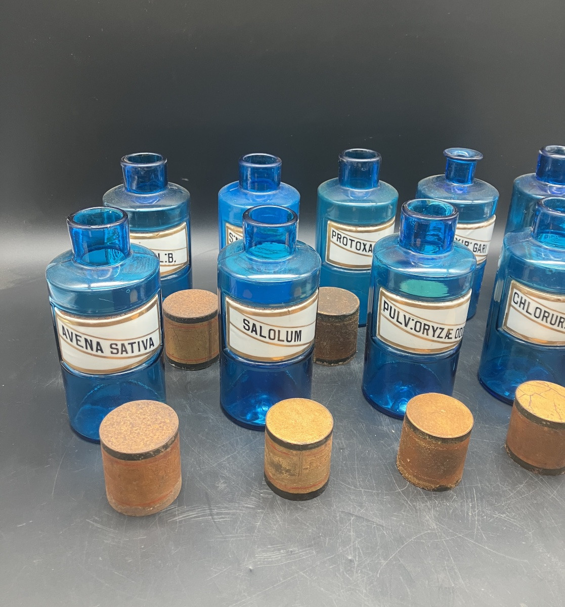 Set Of 10 Antique Tissier Blue Glass Apothecary Jars With Porcelain Labels-photo-3