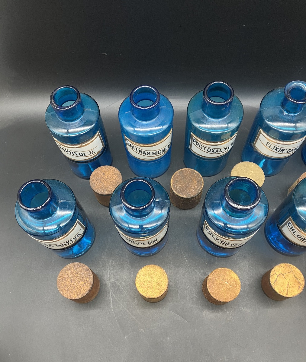 Set Of 10 Antique Tissier Blue Glass Apothecary Jars With Porcelain Labels-photo-5