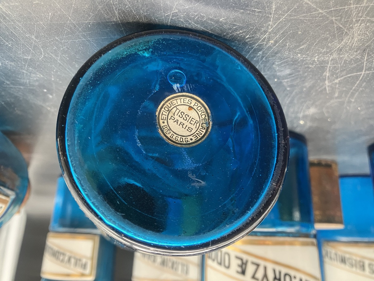 Set Of 10 Antique Tissier Blue Glass Apothecary Jars With Porcelain Labels-photo-6