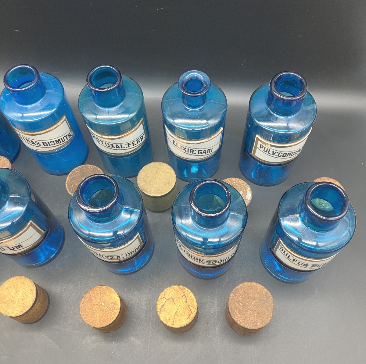 Set Of 10 Antique Tissier Blue Glass Apothecary Jars With Porcelain Labels-photo-7