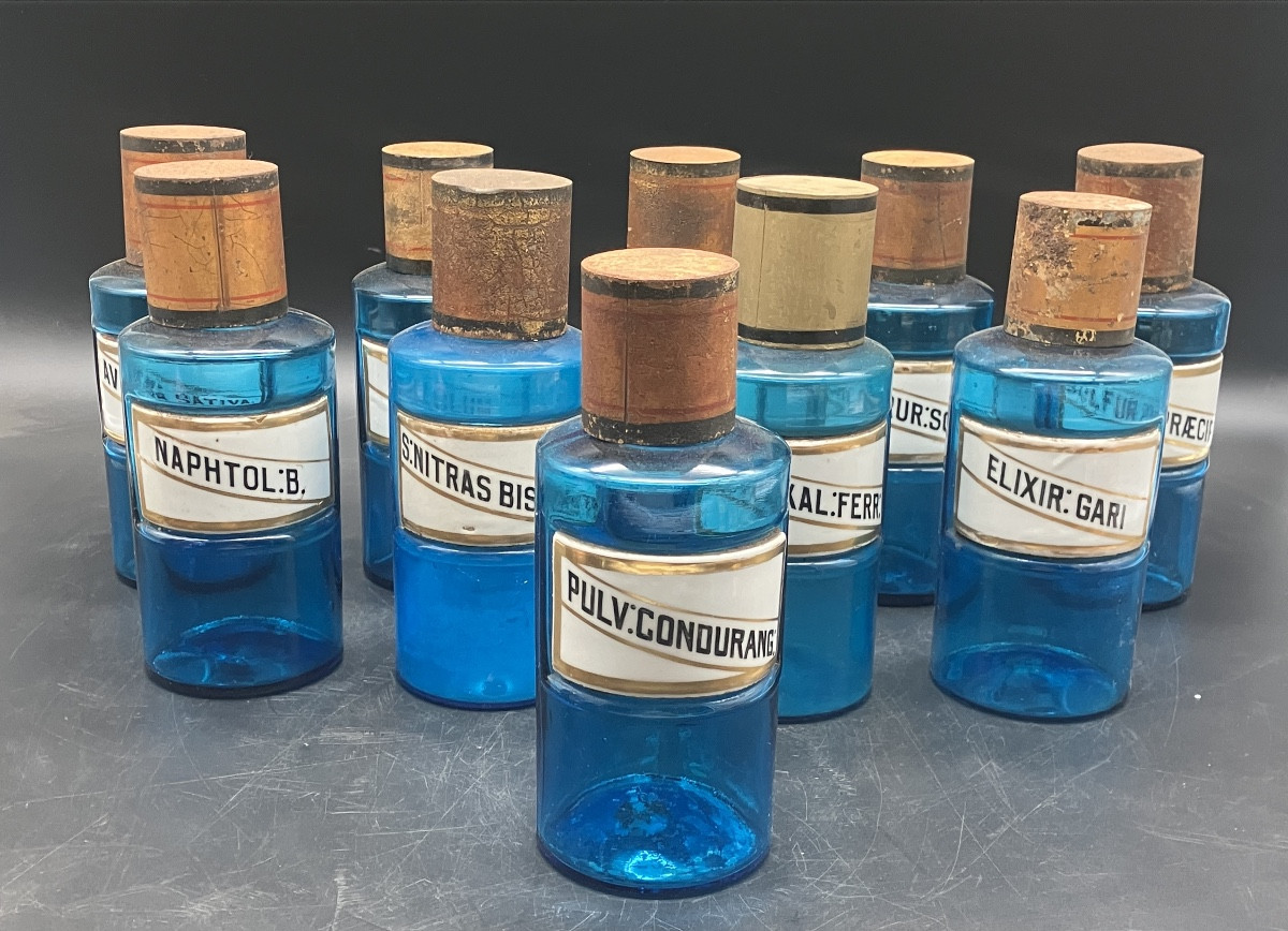 Set Of 10 Antique Tissier Blue Glass Apothecary Jars With Porcelain Labels