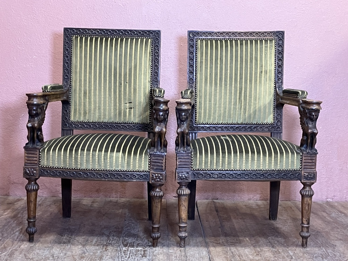 Paire de fauteuils empire retour d'Egypte décor sphinges-photo-7