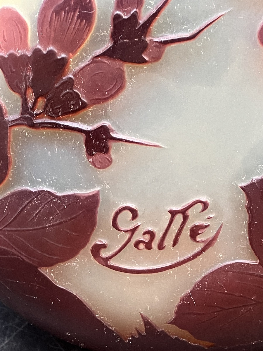 Emile Gallé Vase 18 cm rouge et jaune verre opalescent décor fleurs de pommiers art nouveau-photo-1