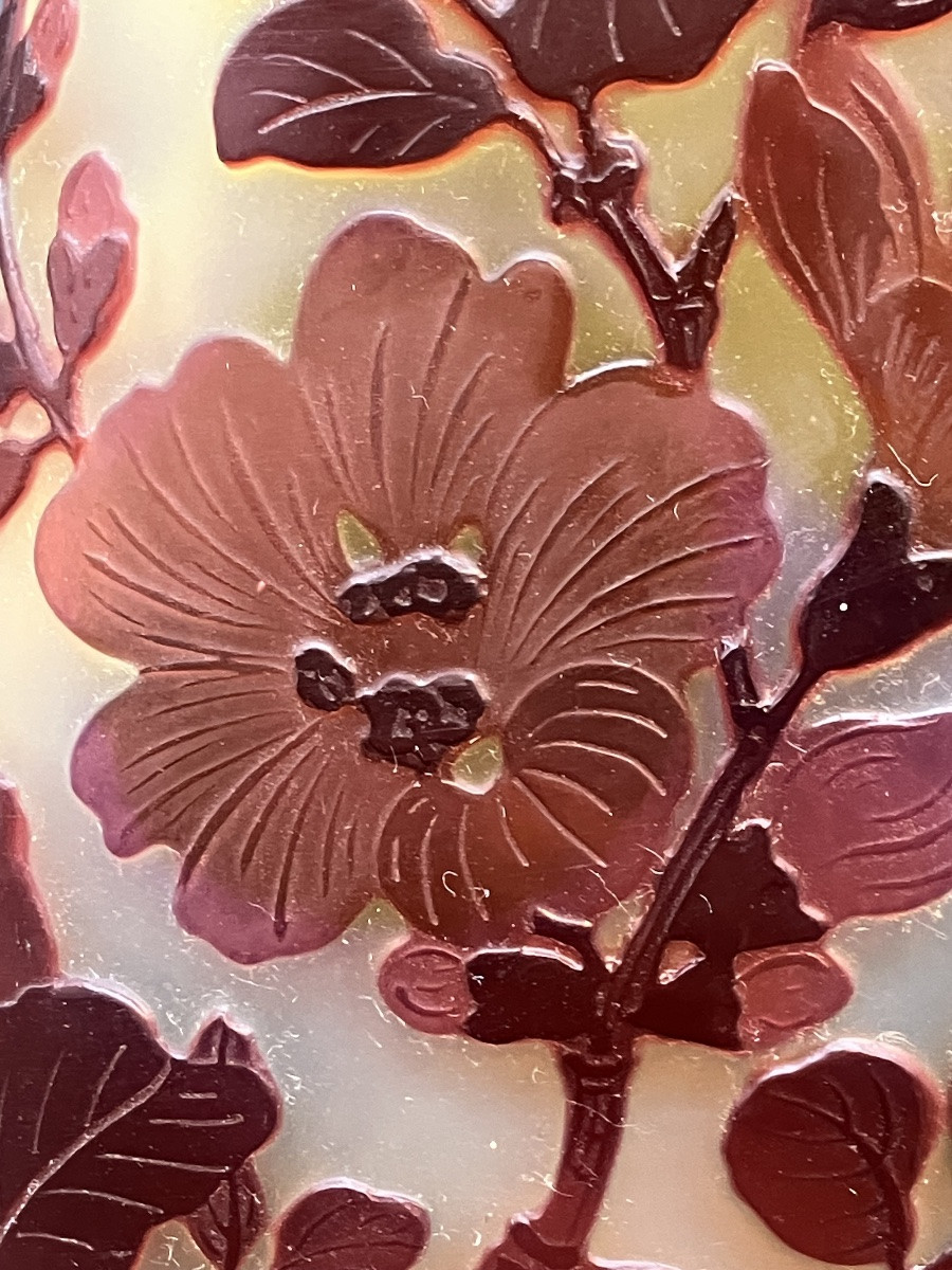 Emile Gallé Vase 18 cm rouge et jaune verre opalescent décor fleurs de pommiers art nouveau-photo-2