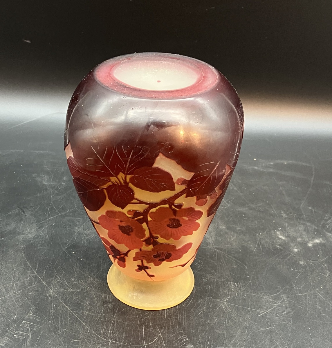 Emile Gallé Vase 18 cm rouge et jaune verre opalescent décor fleurs de pommiers art nouveau-photo-5