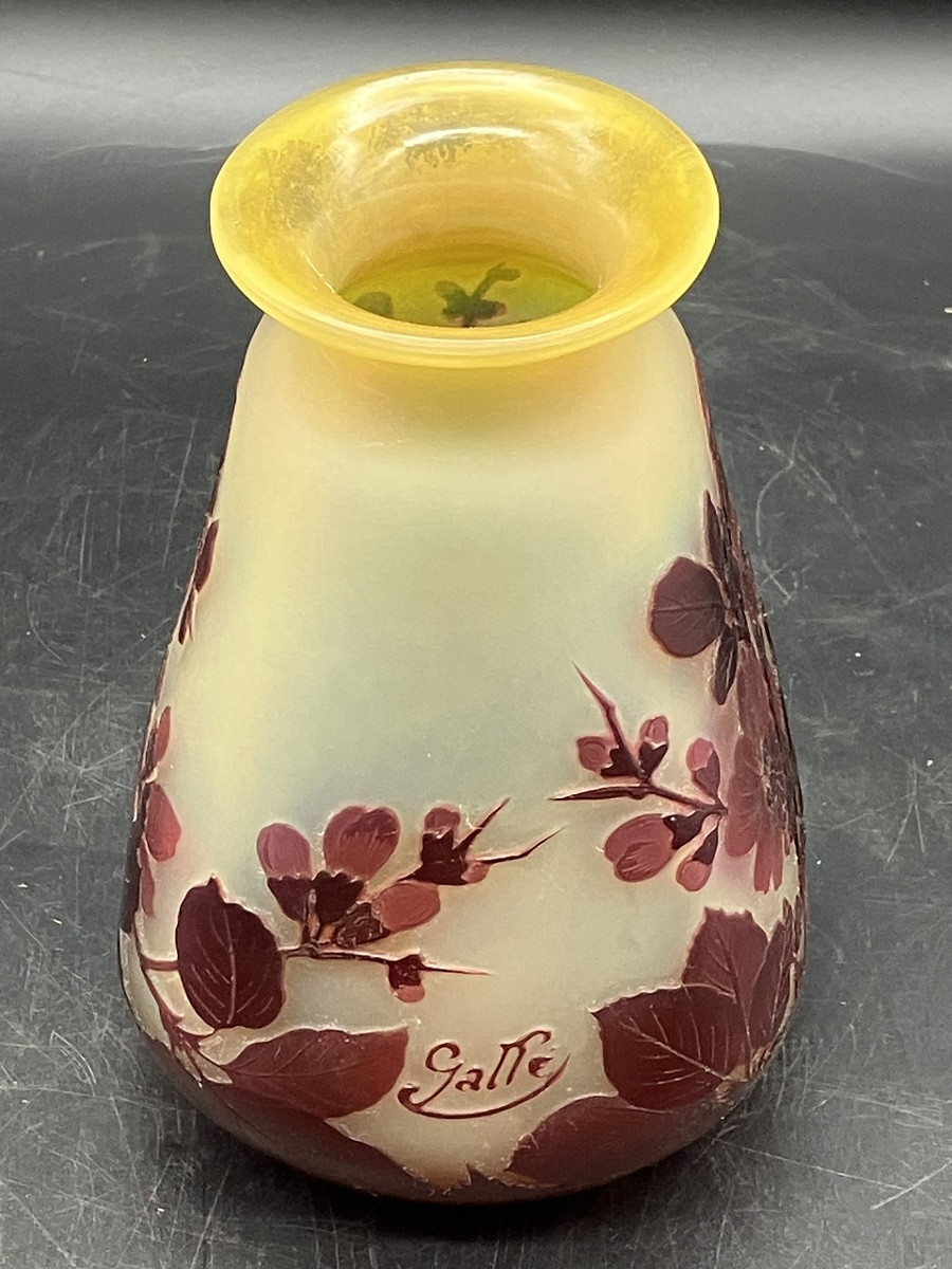 Emile Gallé Vase 18 cm rouge et jaune verre opalescent décor fleurs de pommiers art nouveau-photo-6